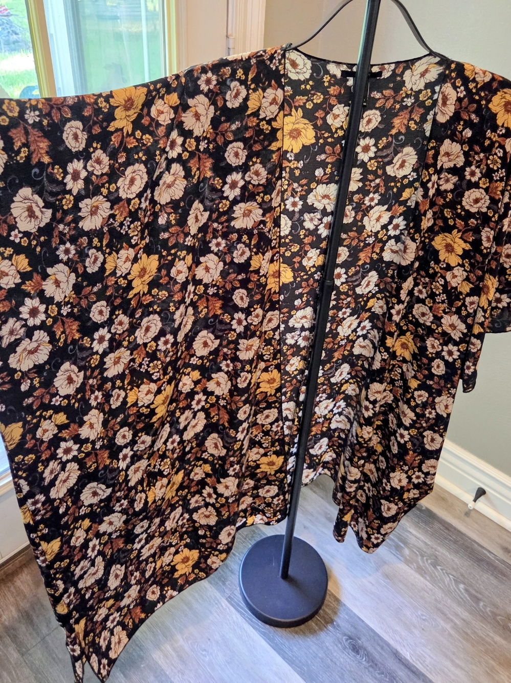 Forever 21 Black Floral Sheer Kimono with Mustard & Cream Blooms